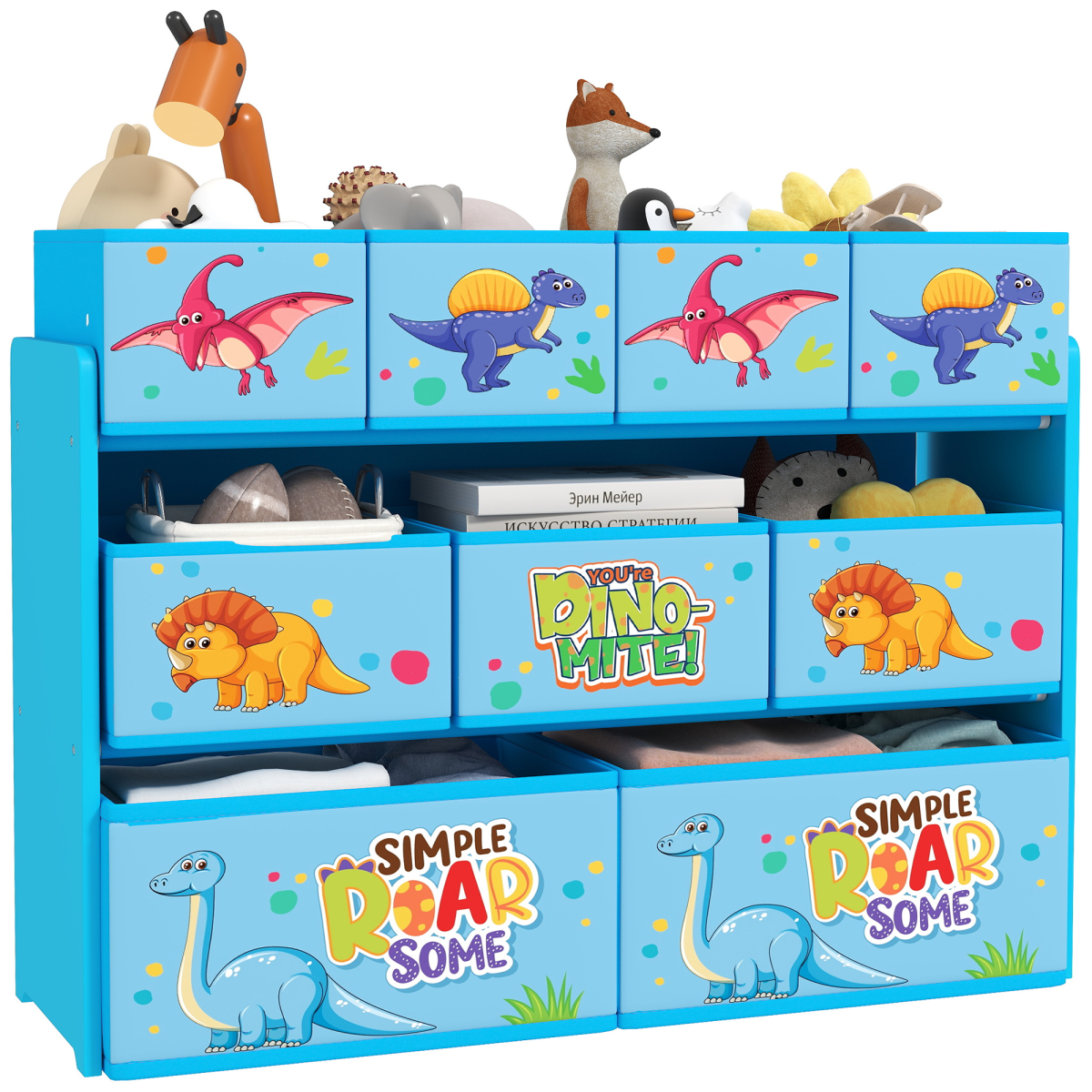 AIYAPLAY 3-Tier Dinosaur Toy Organiser Shelf with 9 Storage Boxes, Blue