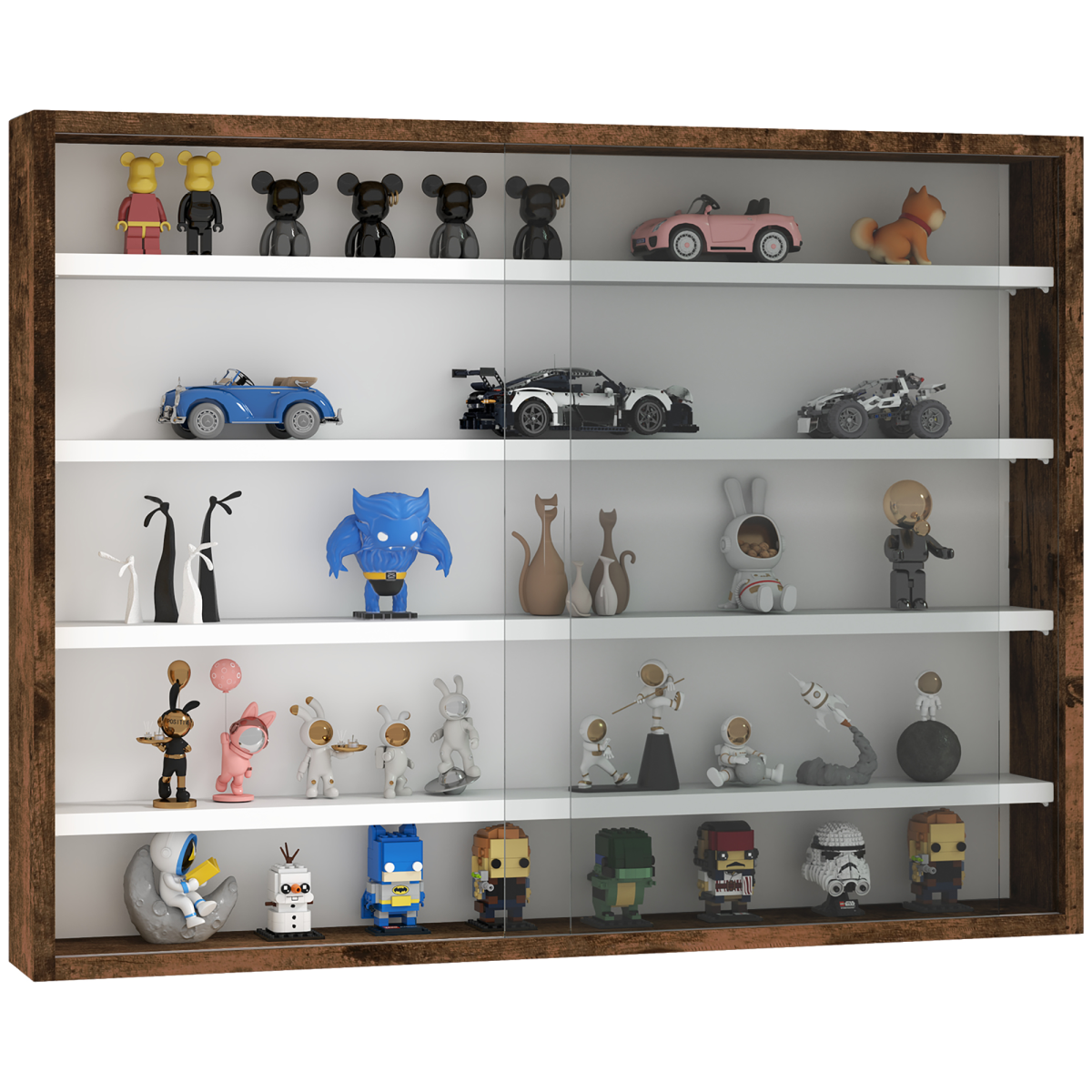 HOMCOM 5-Tier Wall Display Shelf Cabinet with Glass Doors, Rustic Brown