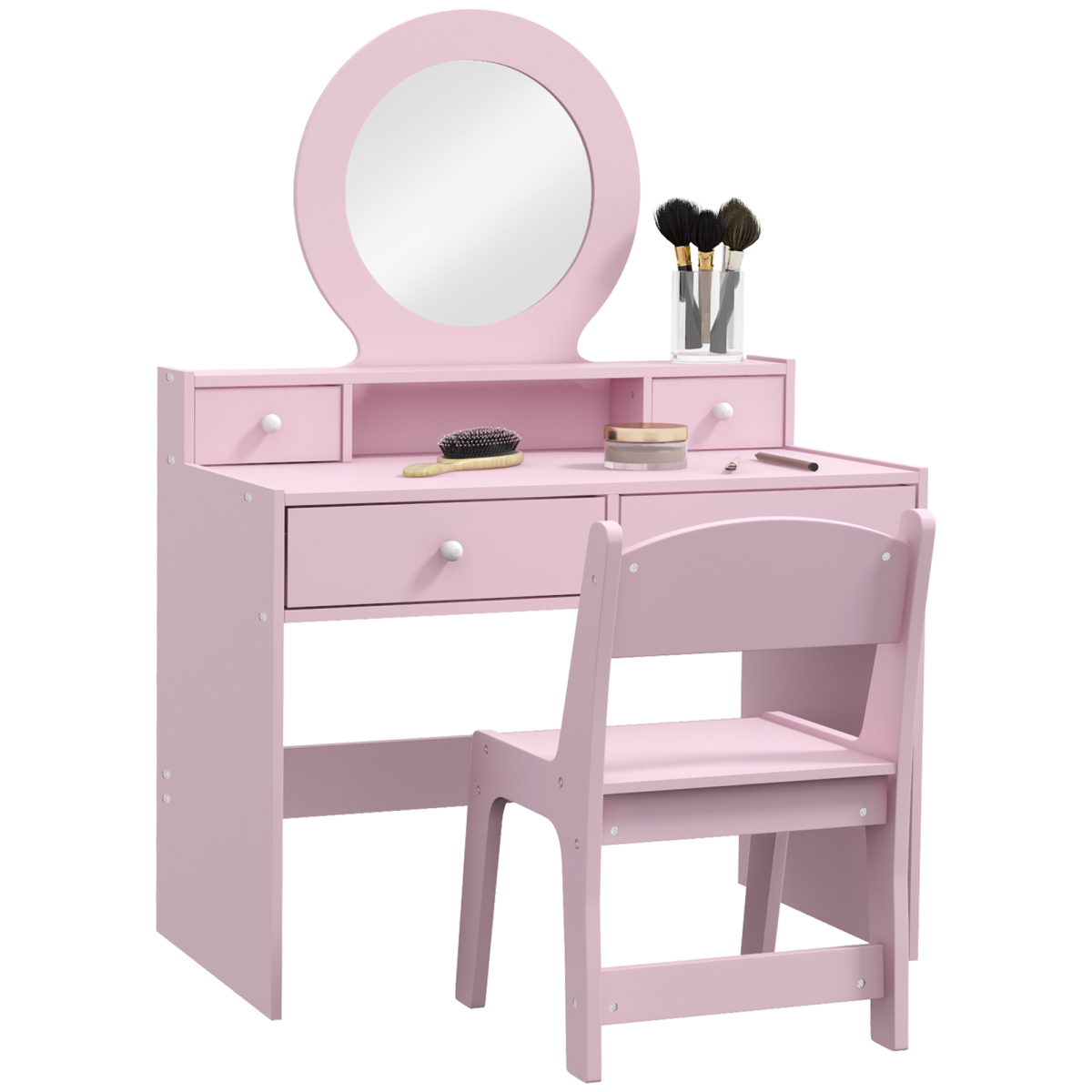 AIYAPLAY Pink Kids Vanity Table and Stool Set with Mirror, 4 Drawers