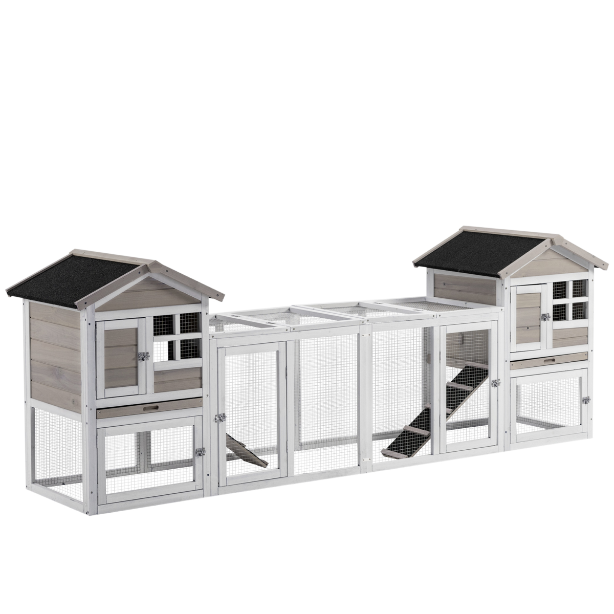 PawHut 2-in-1 Wooden Rabbit Hutch with Double House, Run Box & Tray