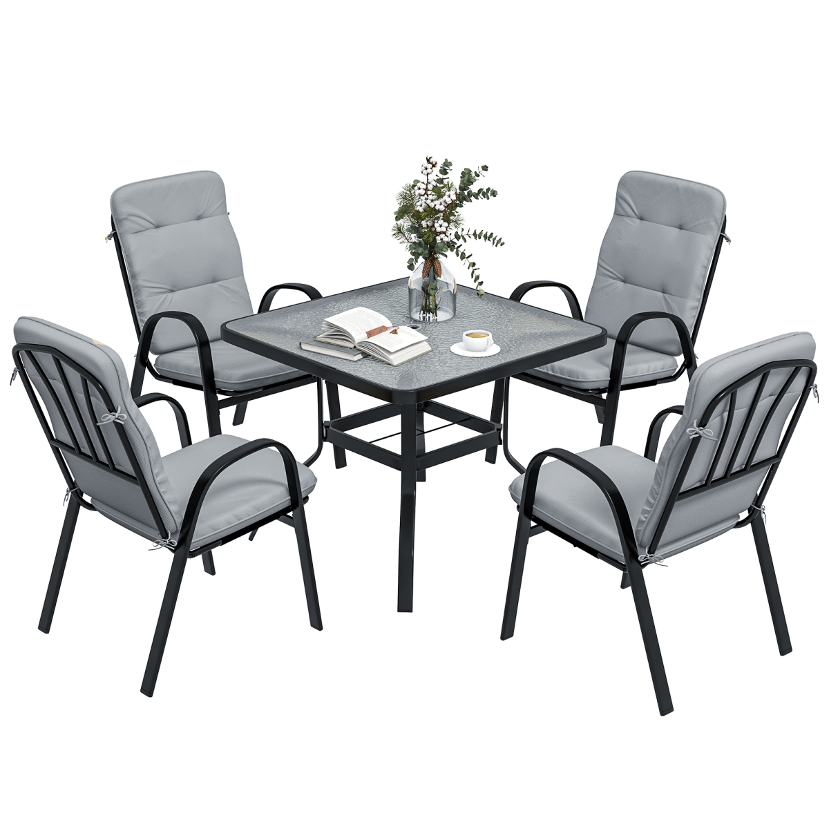Outsunny Garden Dining Set, Glass Table w/ Umbrella Hole & Texteline Seats