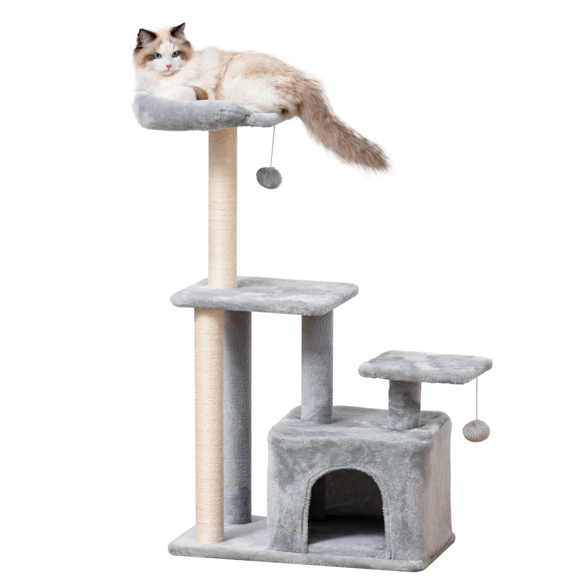 Pawhut Cat Tree Tower with Sisal Scratching Posts, Condo, 3 Perches and Hanging Balls