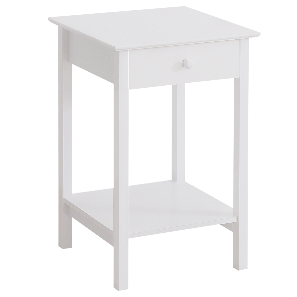 White Wooden Bedside Table with Drawer and Shelf Storage