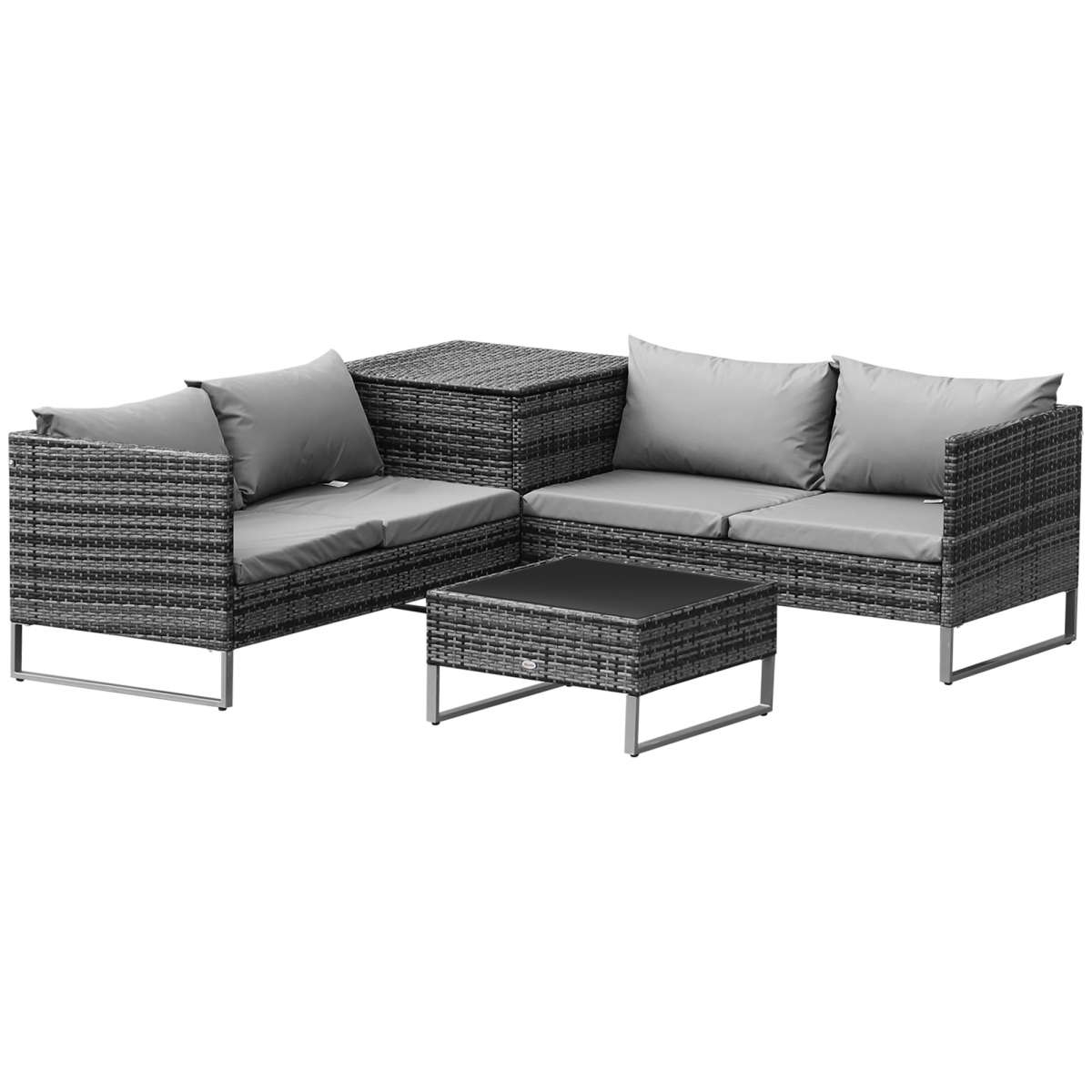 Outsunny 4-Piece PE Rattan Outdoor Garden Furniture Set with Cushioned Loveseat Sofas, Corner Table and Glass-Top Coffee Table, Mixed Grey