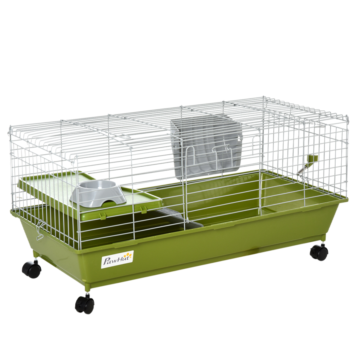 PawHut 89cm Small Animal Home Cage for Rabbits, Ferrets, Chinchillas and Guinea Pigs with Wheels, Platform, Ramp, Hay Feeder, Water Bottle and Food Dish