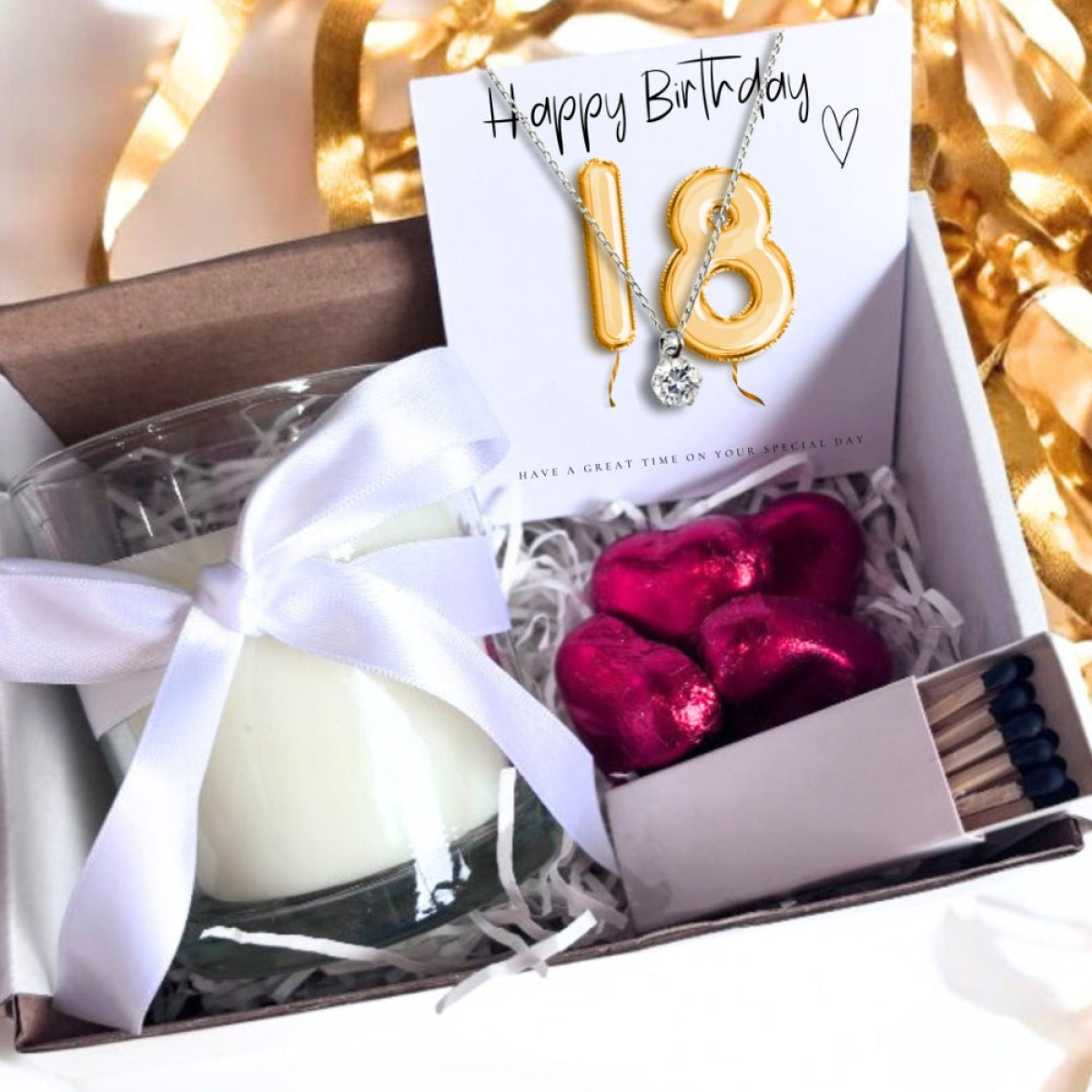 Small 18th Birthday Gold Balloons Gift Hamper with Sterling Silver Necklace, Scented Candle, Matches and Chocolate Hearts