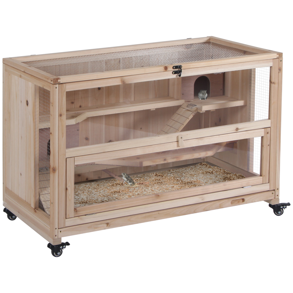 Pawhut 3-Tier Wooden Hamster Cage, Small Animal Hutch with Two Huts, Two Ladders, Mesh Roof, Pull-Out Tray, Wheels, Natural Wood