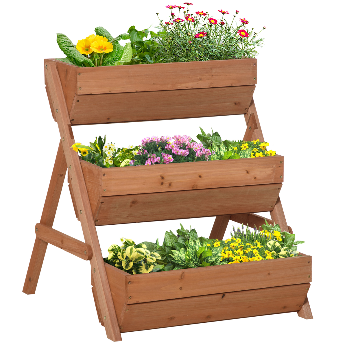 Outsunny 3-Tier Raised Wooden Garden Bed Planter Box, Brown Fir Wood