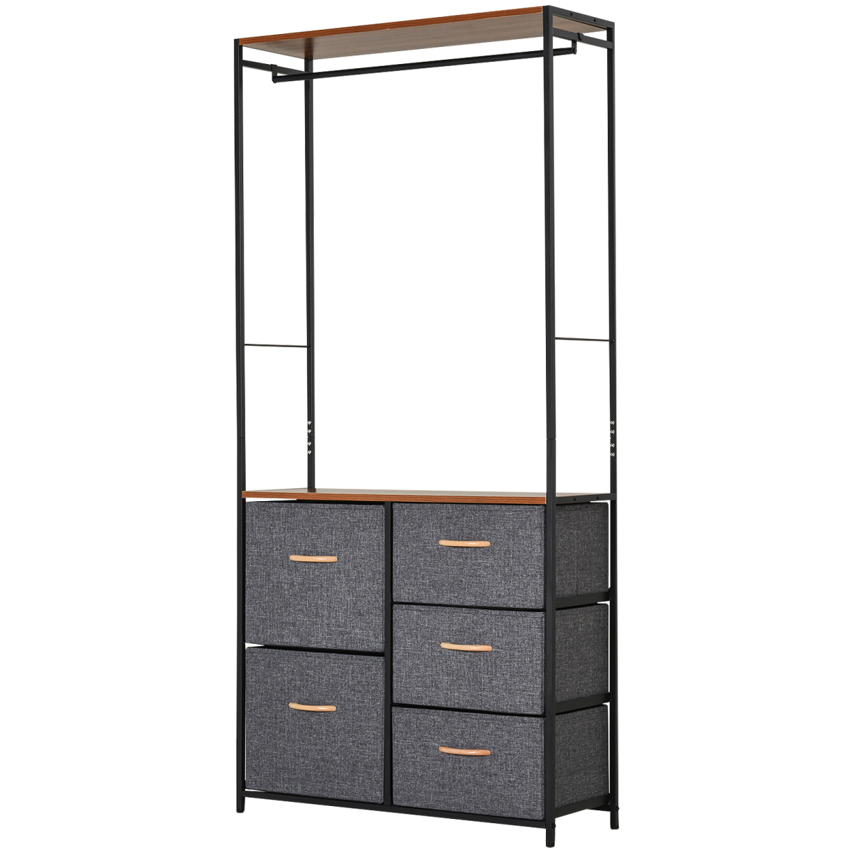 HOMCOM Freestanding Clothes Hanger Storage Unit, Steel Frame, Black Brown, 175 x 83 cm, with Top Rail, Shelf and Drawers