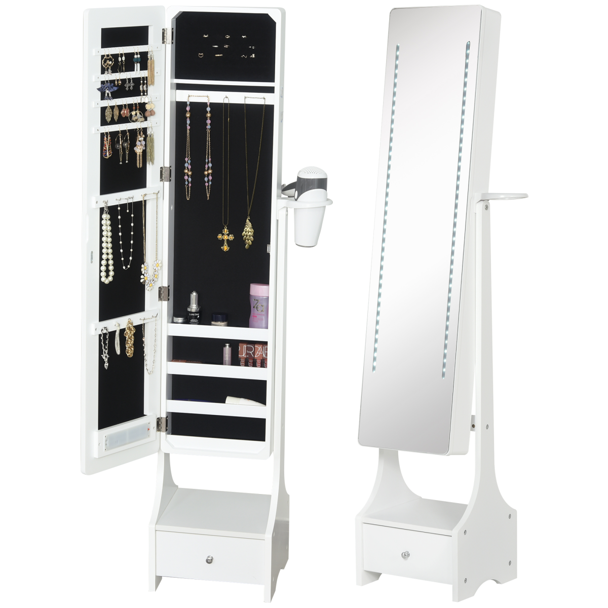 Freestanding Jewellery Armoire Mirror with LED Lights, Hooks & Drawer