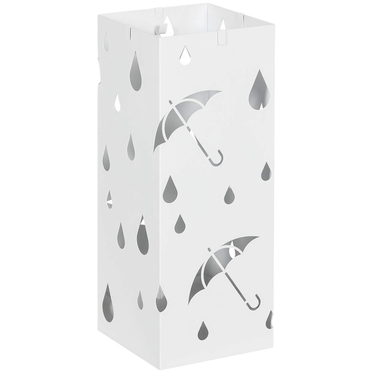 HOMCOM Square Metal Umbrella Stand with 4 Hooks and Drip Tray White