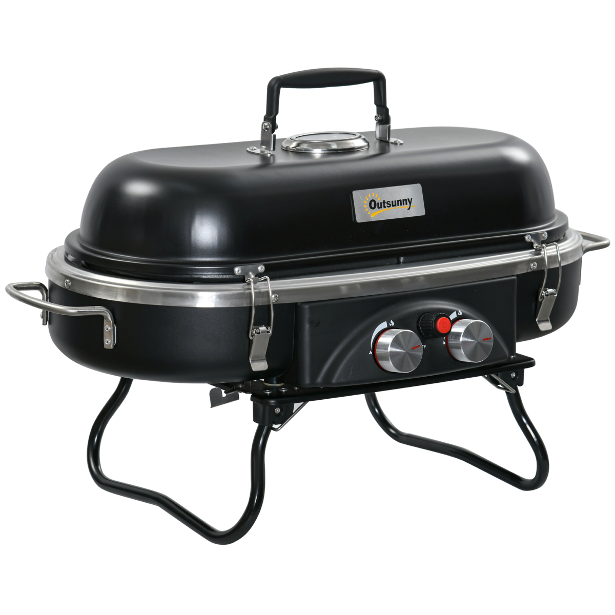 Outsunny Gas BBQ Grill, 2 Burner Tabletop BBQ with Lockable Lid, Thermometer, Piezo Ignition, Foldable Legs