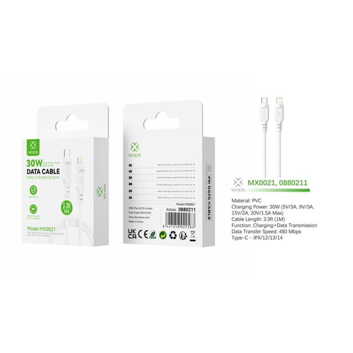 Woox Type C to Lightning PVC Data Cable, 30W, 6.6ft 2m, White