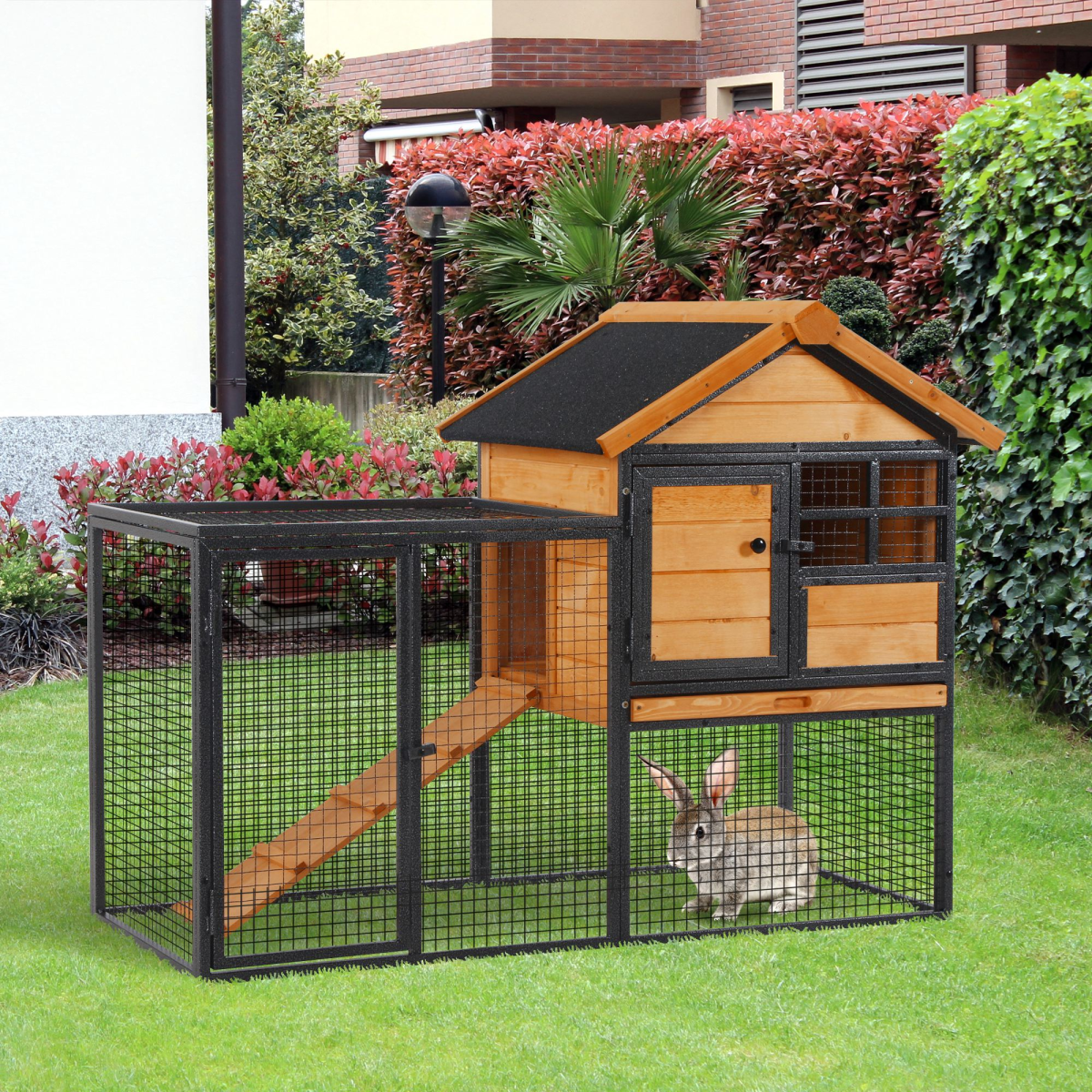 Outdoor Wooden Rabbit Hutch for Small Animals with Lockable Doors, Fir Wood and Metal