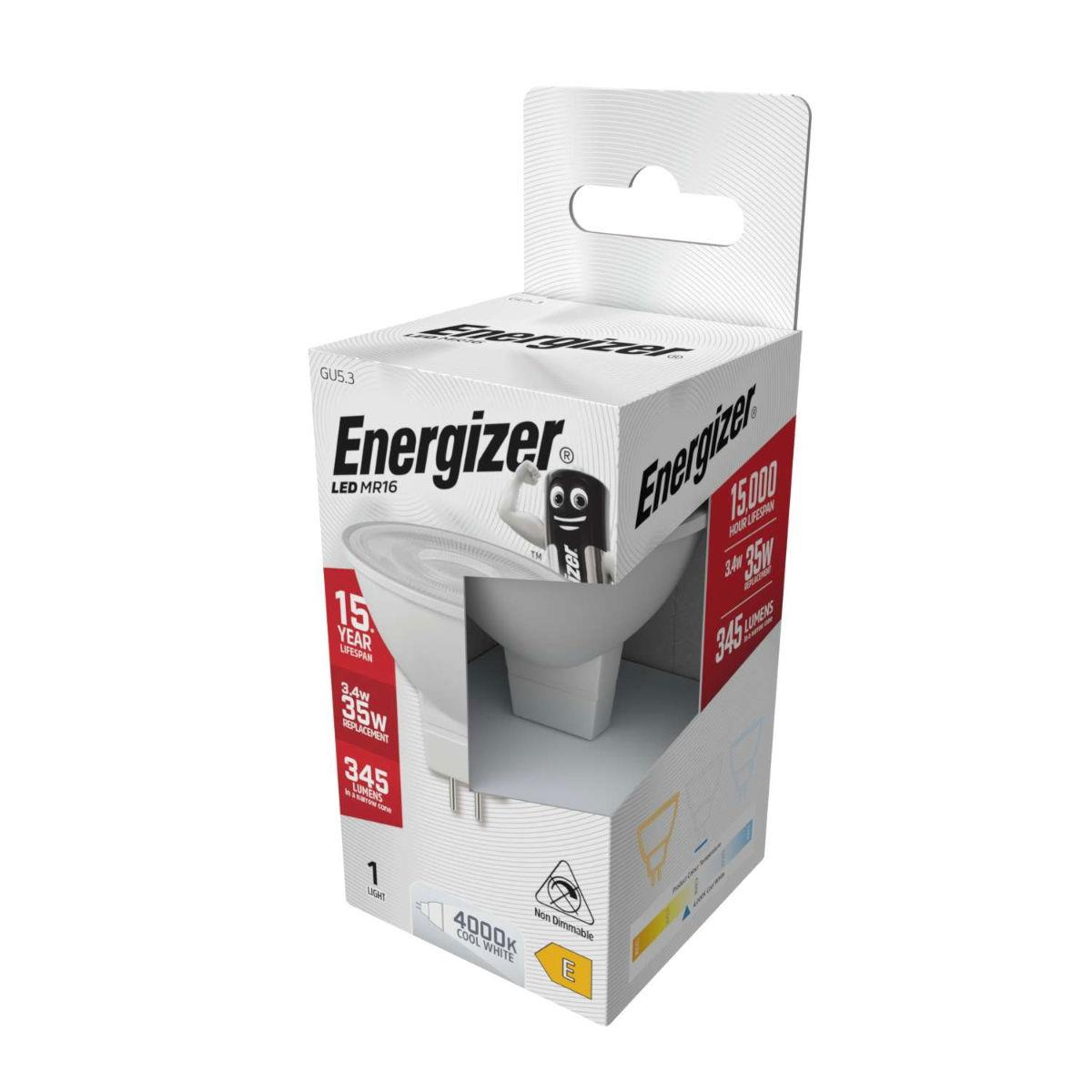 Energizer LED MR16 Cool White Bulb 3.4W 345 Lumens 4000K Non-Dimmable Energy Rating E