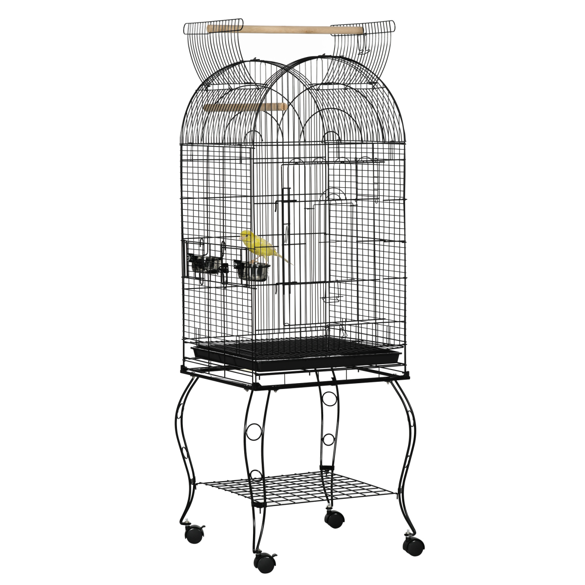 PawHut Large Metal Bird Cage with Perch & Feeding Stand, Black