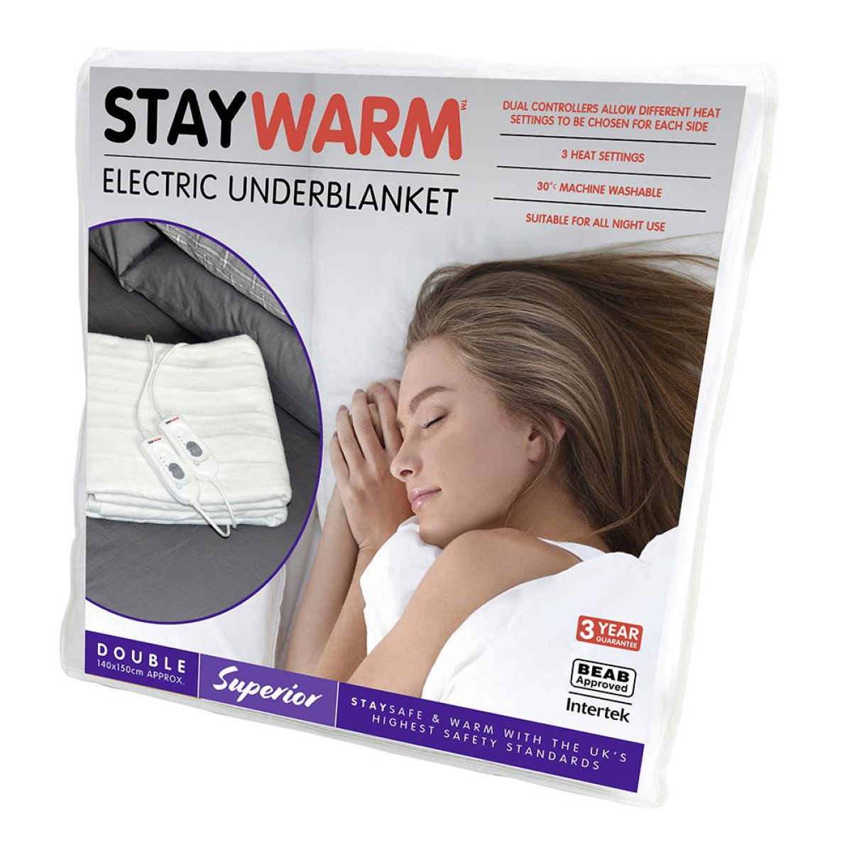 Staywarm Superior Double Under Blanket 150x140cm, Polyester 500gsm, 3 Heat Settings, Overheat Protection