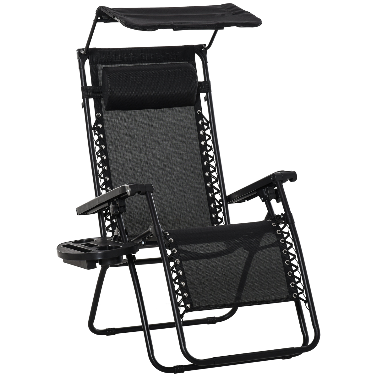 Outsunny Zero Gravity Folding Sun Lounger with Reclining Seat, Canopy and Removable Side Tray Holder, Black