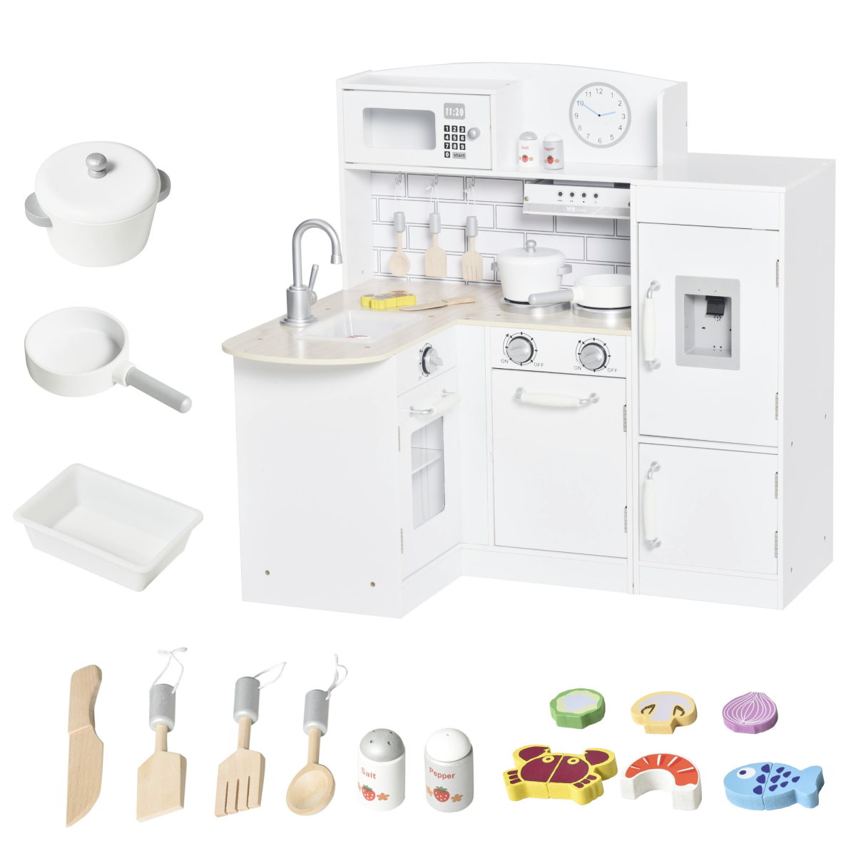 Kids Play Kitchen Toy Set with Water Dispenser, 14-Piece, White