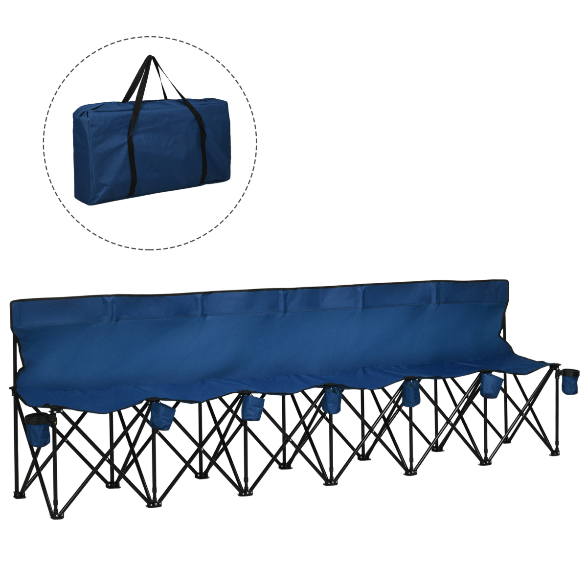 Outsunny 6-Seat Folding Bench Multi Deck Chair with Cup Holders, Folding Steel Frame, Blue