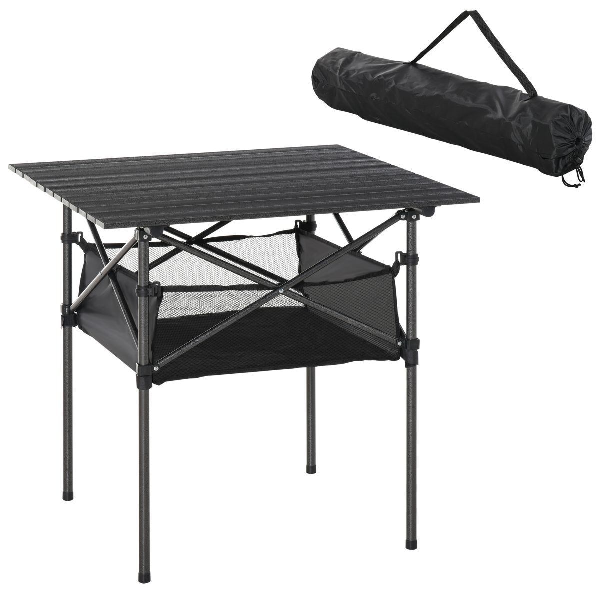 Aluminum Roll-Top Folding Camping Table with Mesh Bag, Black