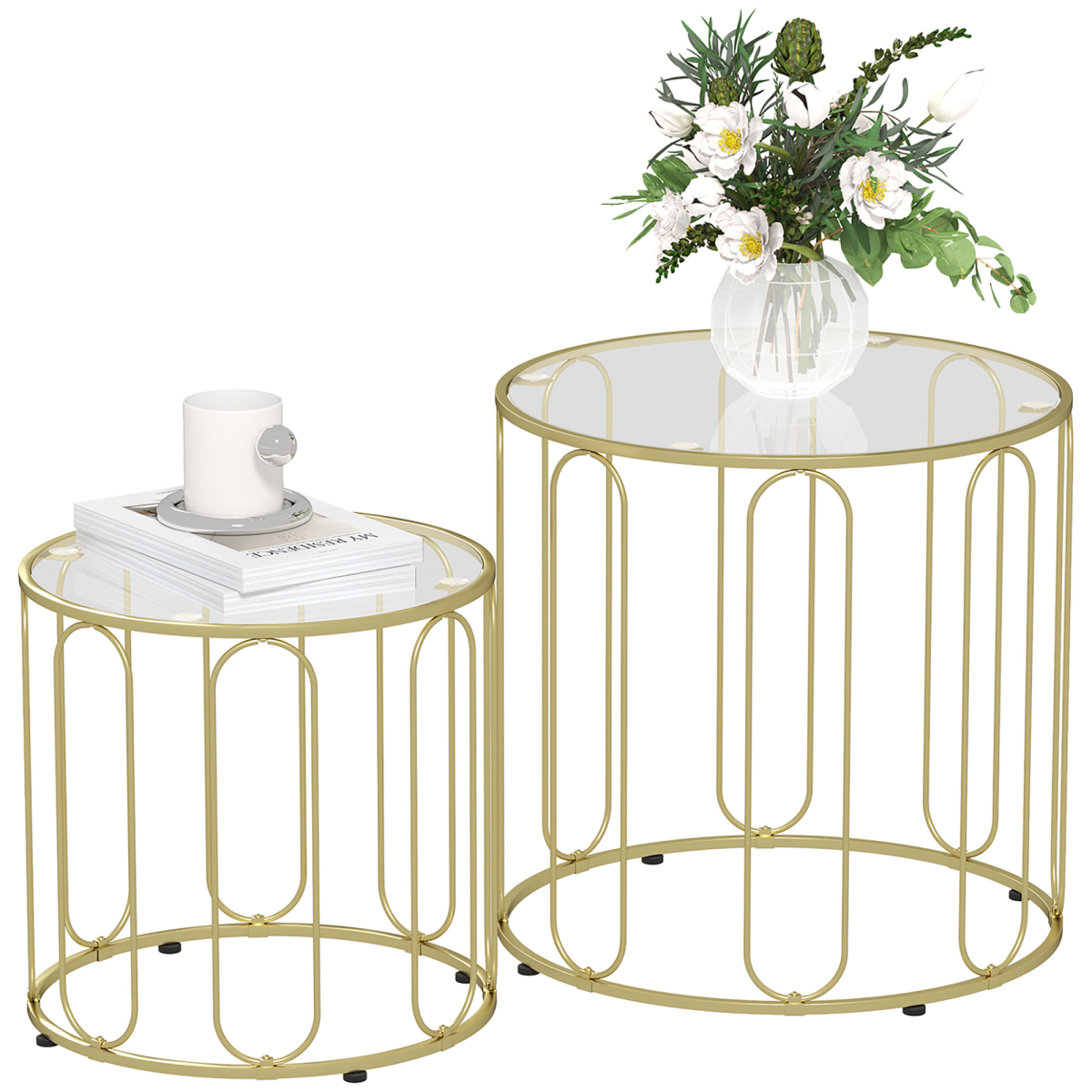 HOMCOM Set of 2 Nesting Coffee Tables with Glass Tops, Gold Tone