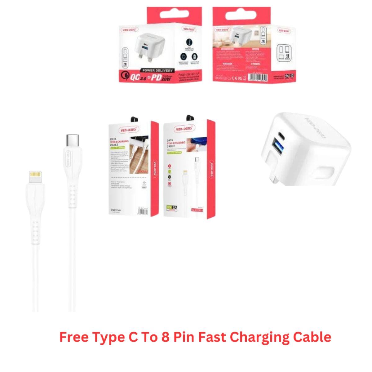 Ven-Dens Dual Port 20W Fast Charger with Type-C to 8-Pin Cable