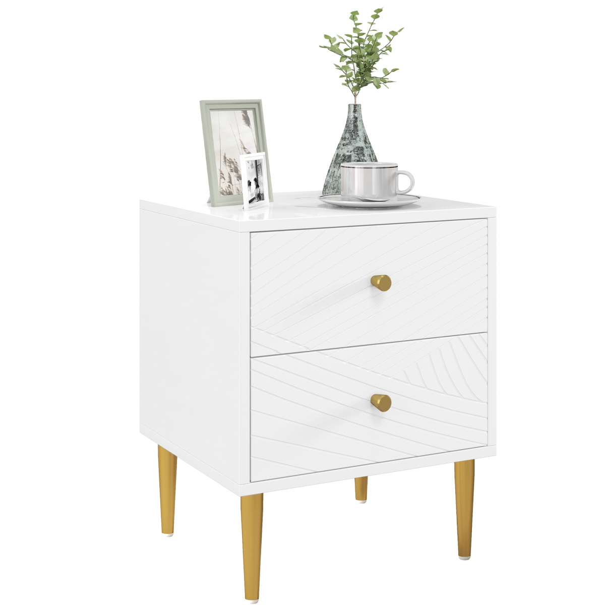 White Nightstand with Gold-Tone Handles, 2 Drawers & Metal Legs