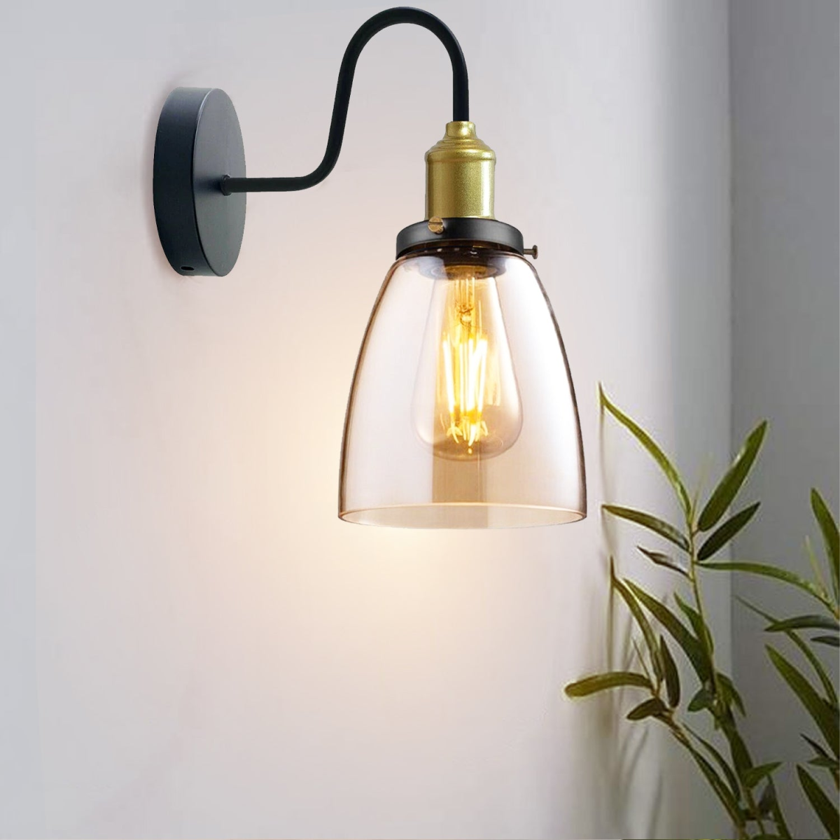 Modern Amber Glass Wall Sconce with Copper-Plated Base, E27, Dimmable Indoor Wall Light