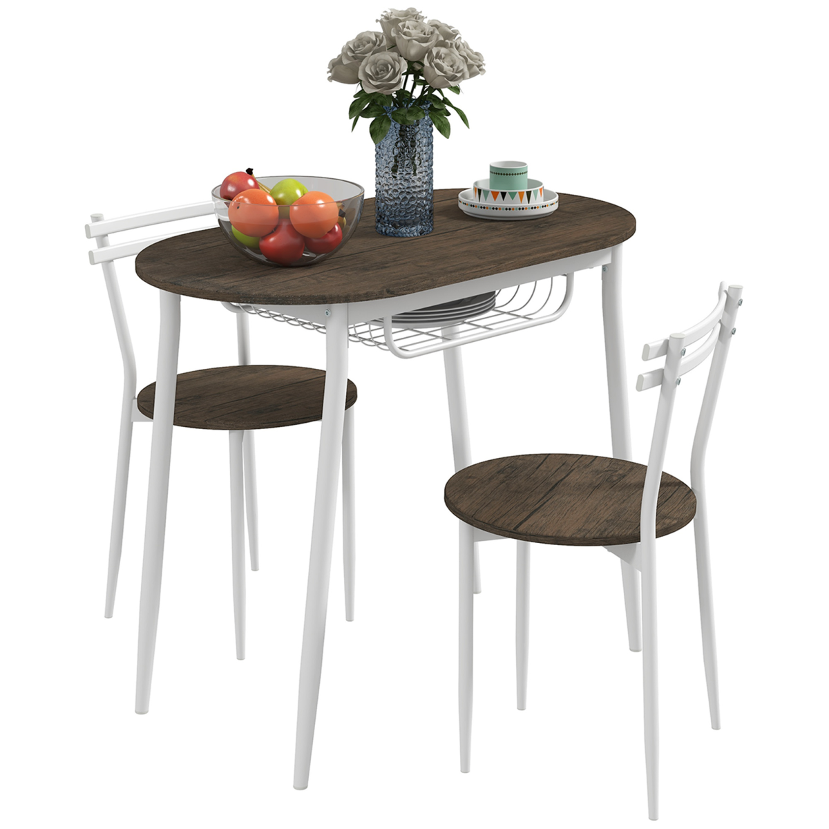 HOMCOM 3-Piece Dining Table and 2 Chairs Set, Oval Kitchen Table with Storage Shelf, Natural
