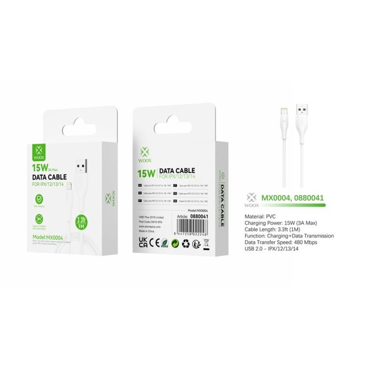Woox USB to 8 Pin Charging Cable 1m, 15W, 3A Max, Pack of 12