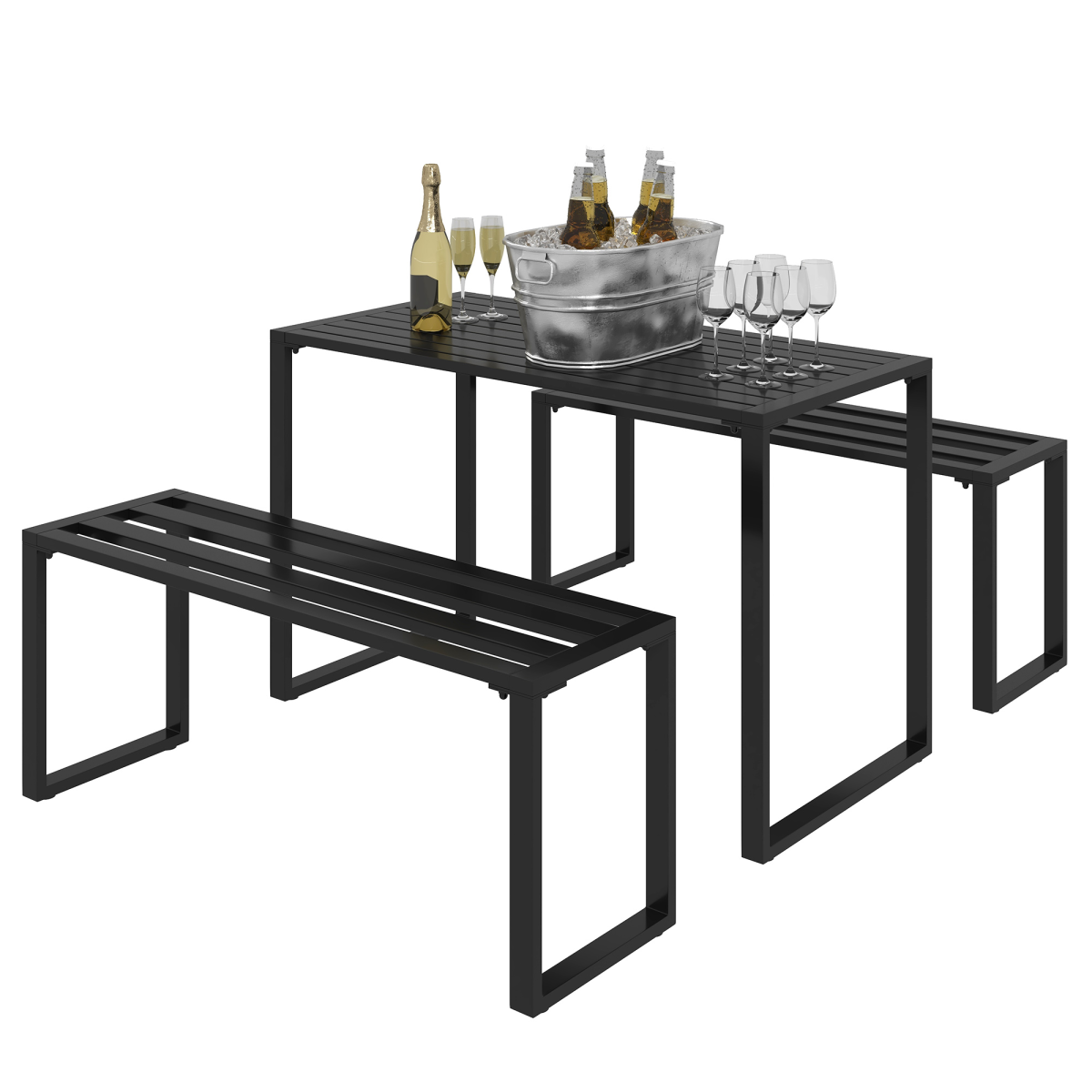 Outsunny 3-Piece Metal Table and Bench Set for 4 People, Black
