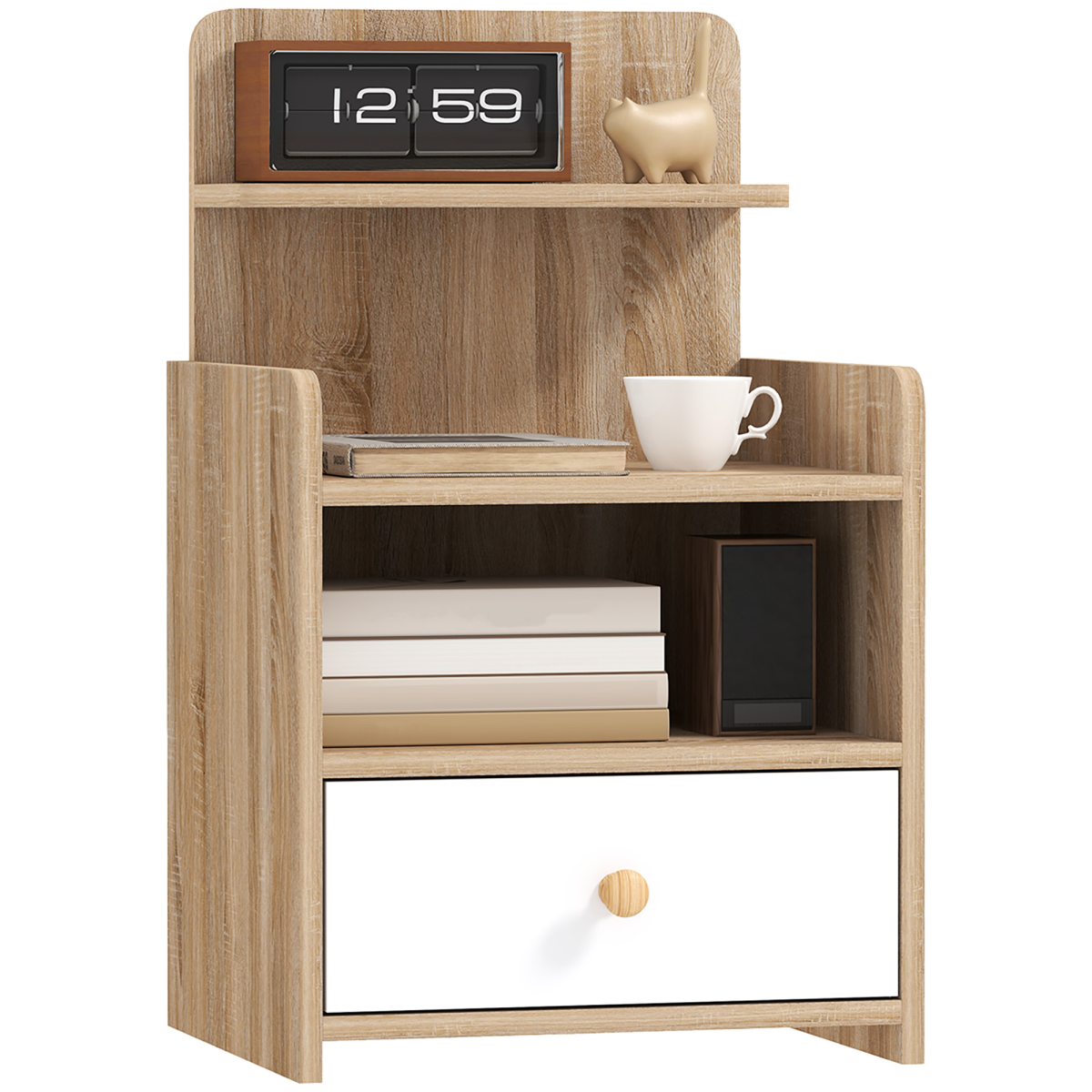 HOMCOM Bedside Table with Drawer and 3 Shelves, Natural Wood Effect