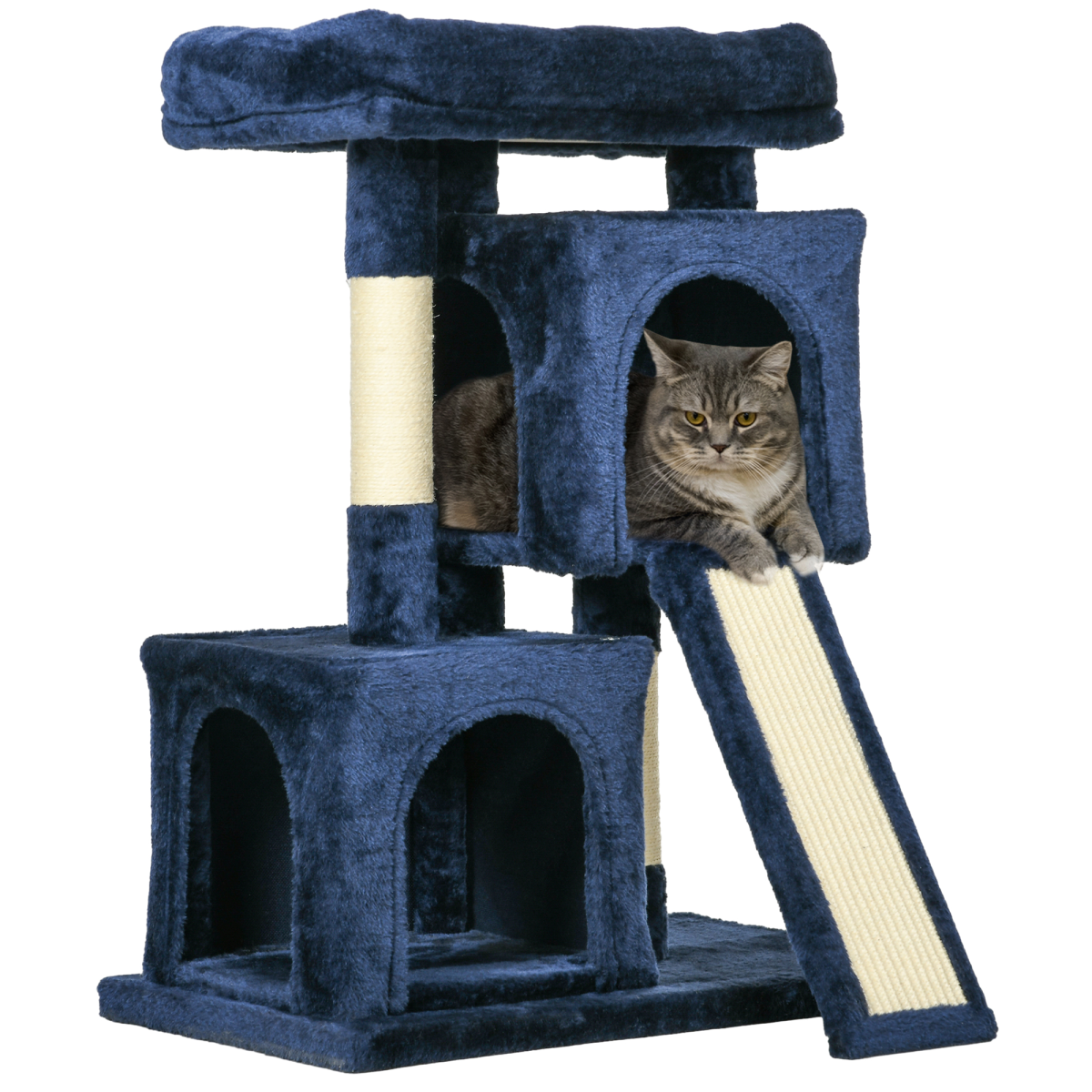 PawHut Cat Tree with 2 Houses, Perch & Scratching Posts, Navy Blue
