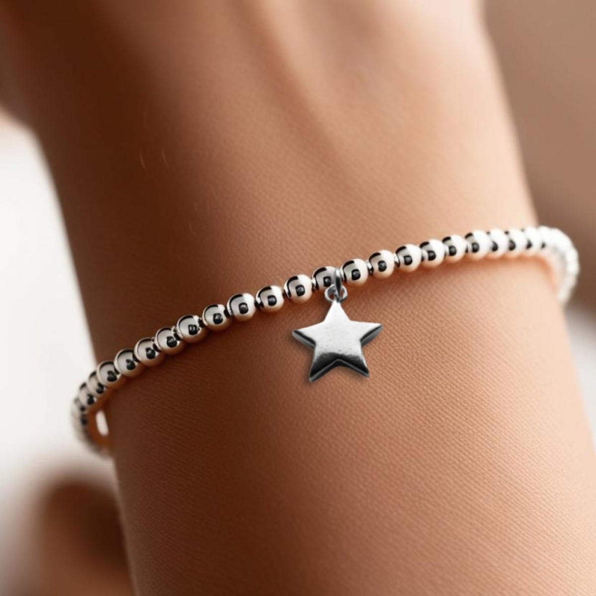Silver Plated Star Beaded Stretch Bracelet for Women and Girls