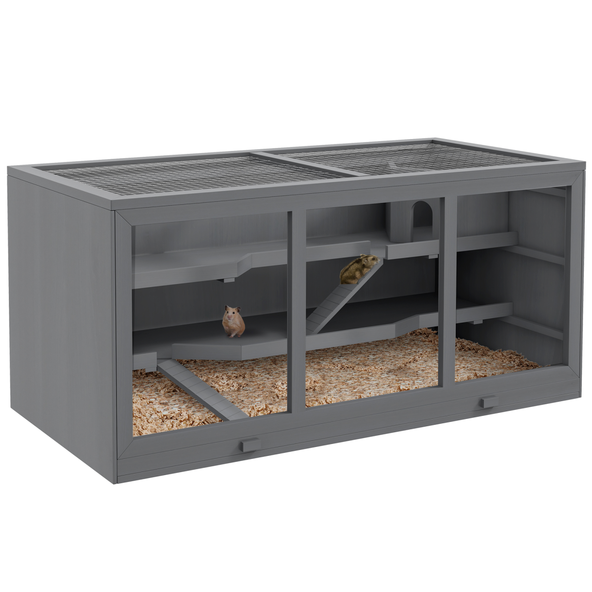 PawHut Wooden Hamster Cage with Tray, Lockable Open Top