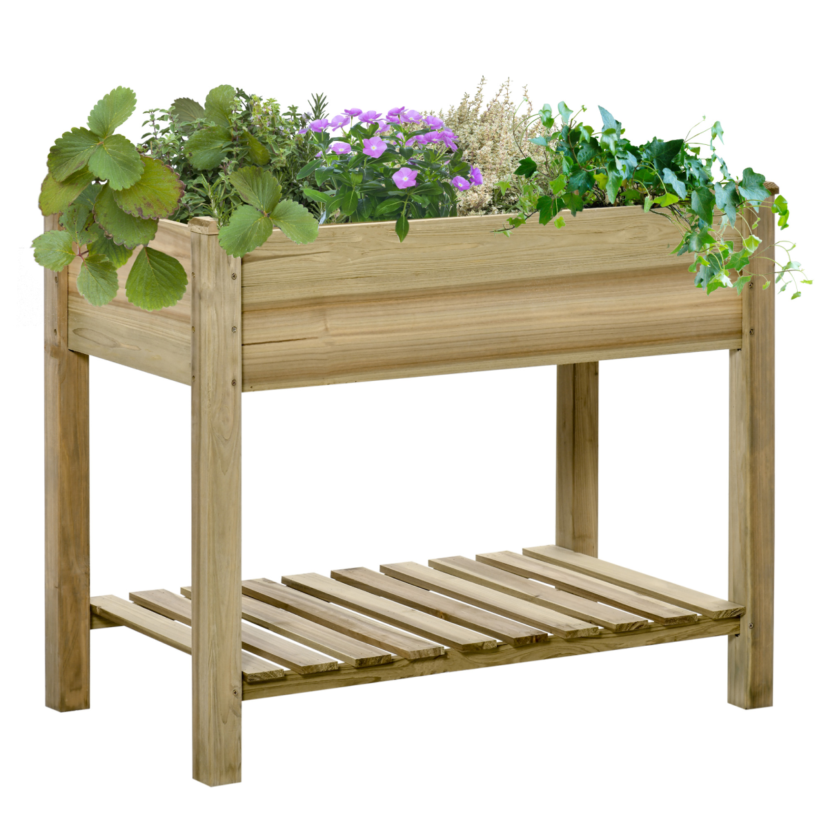 Outsunny Raised Wooden Garden Bed with Legs and Bottom Storage Shelf, Elevated Planter Box with Drainage Holes