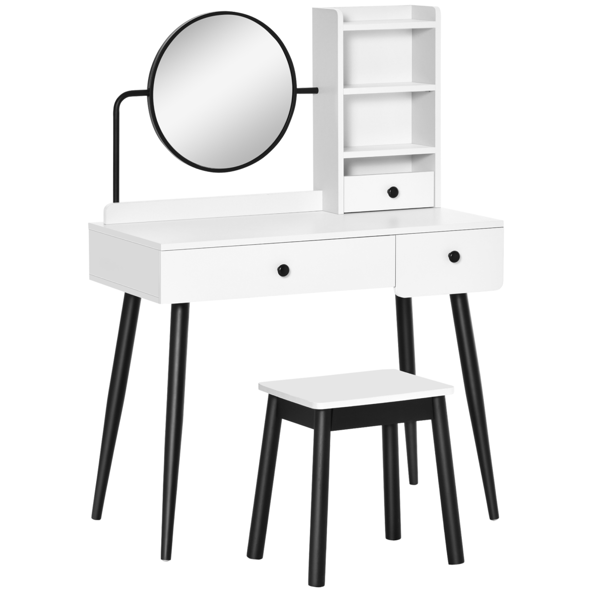 White Dressing Table Set with 3 Drawers, Storage Shelves and Stool