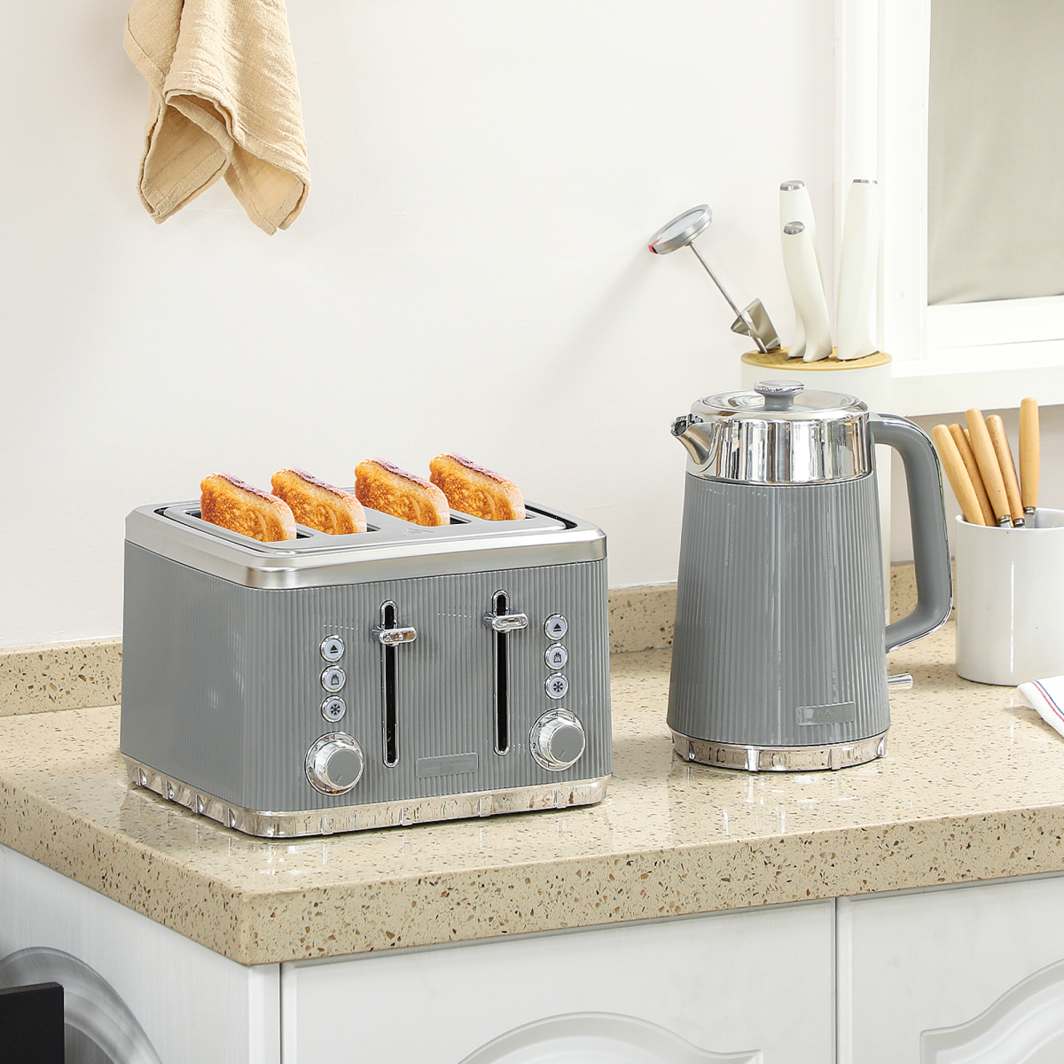 Tan Electric Kettle and 4-Slice Toaster Set, 1.7L, 3000W Kettle, Silver Accents