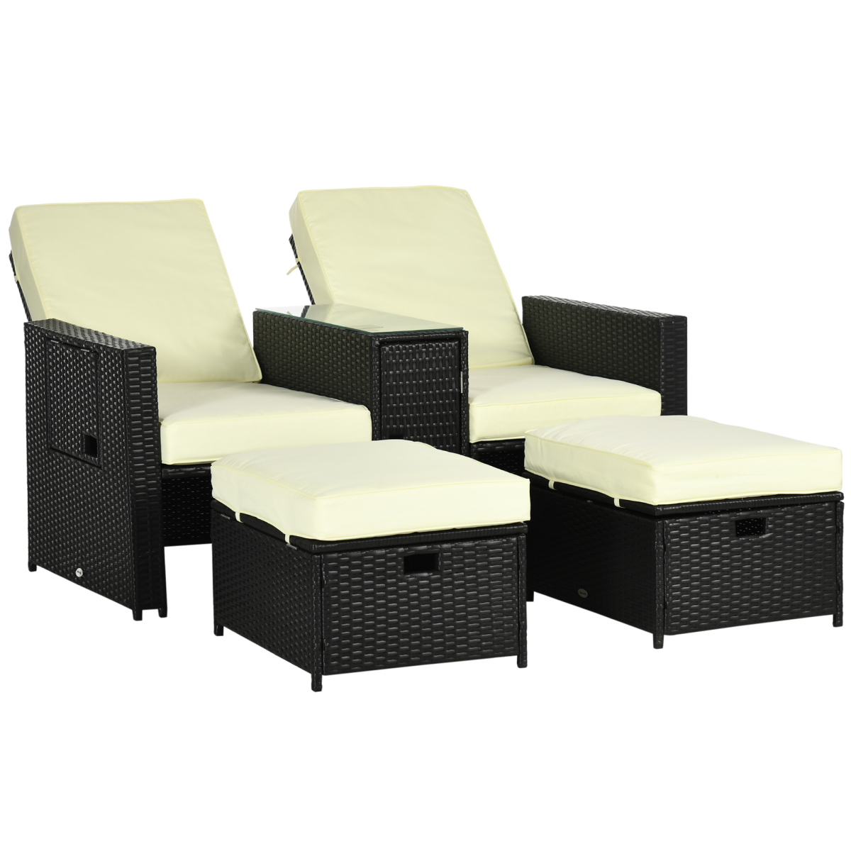 Outsunny 5-Position Adjustable Rattan Sun Lounger Set with Table & Footstools, Black