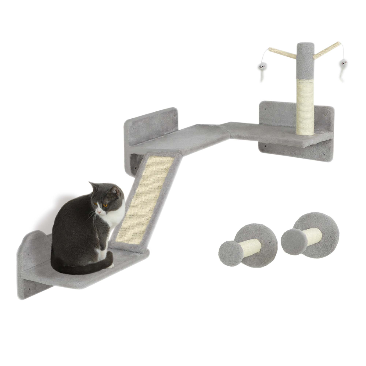 PawHut 3-Piece Wall-Mounted Corner Cat Shelves, Light Grey