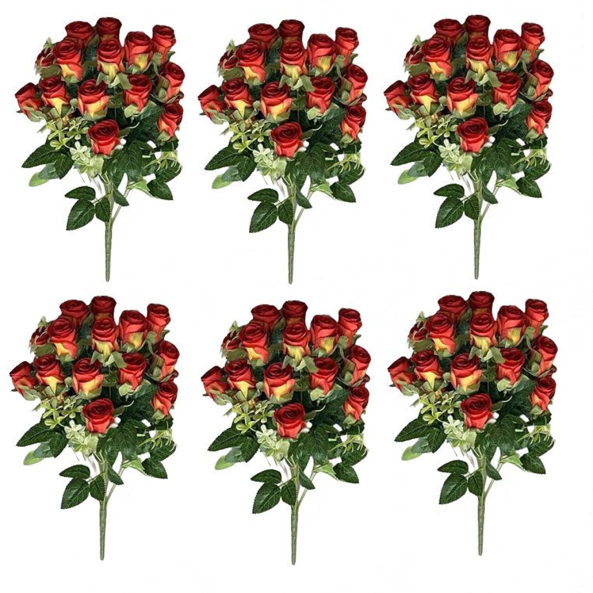 Leaf Pack of 6 x 52cm Artificial Red Rose Bunch with Wired Stems
