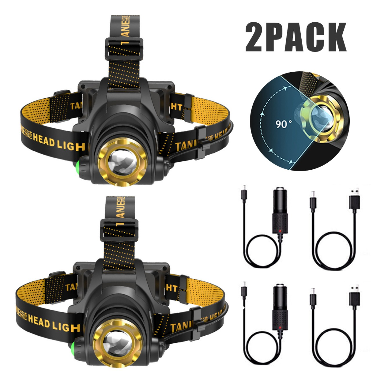 2 Pack USB Rechargeable LED Headlamp, 3 Modes, Zoomable Head Torch with Car Charger and USB Cable
