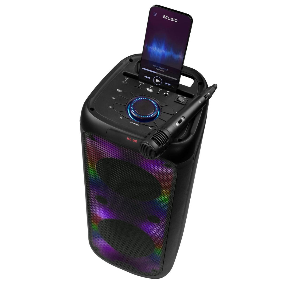 Intempo Bluetooth Karaoke Speaker with Wired Microphone, 100W Stereo Sound and LED Lights