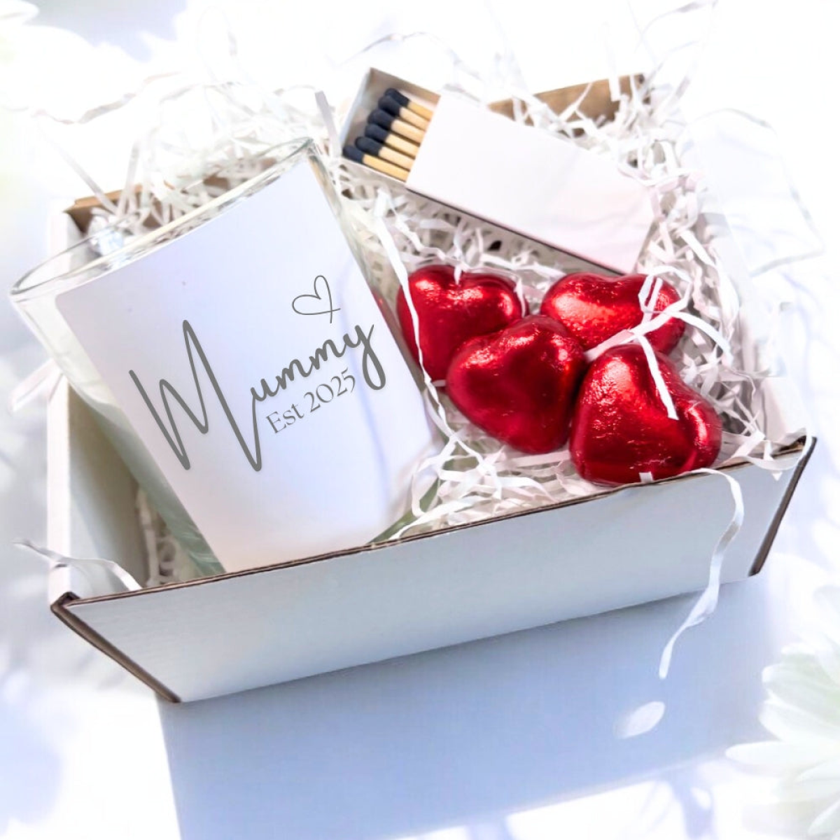 Mummy Est. 2025 Fresh Linen Candle Gift Set with Chocolates and Matches