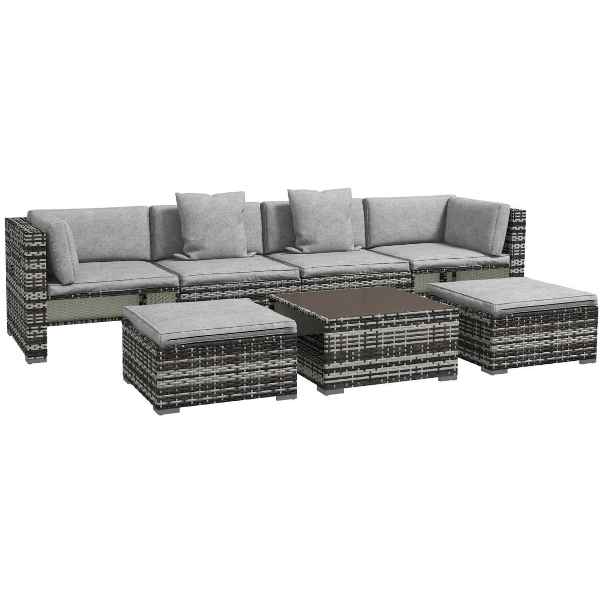 Outsunny 7-Piece PE Rattan Patio Furniture Set with 2 Armless Chairs, 2 Side Chairs, 2 Stools and Coffee Table, Mixed Grey