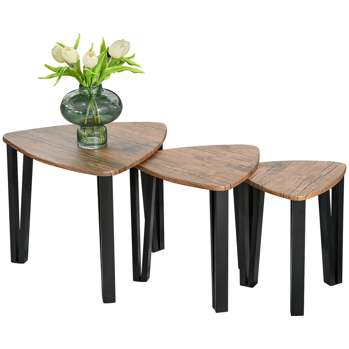HOMCOM 3-Piece Stackable Triangle Coffee Table Set, Walnut MDF Tops, Steel Frame