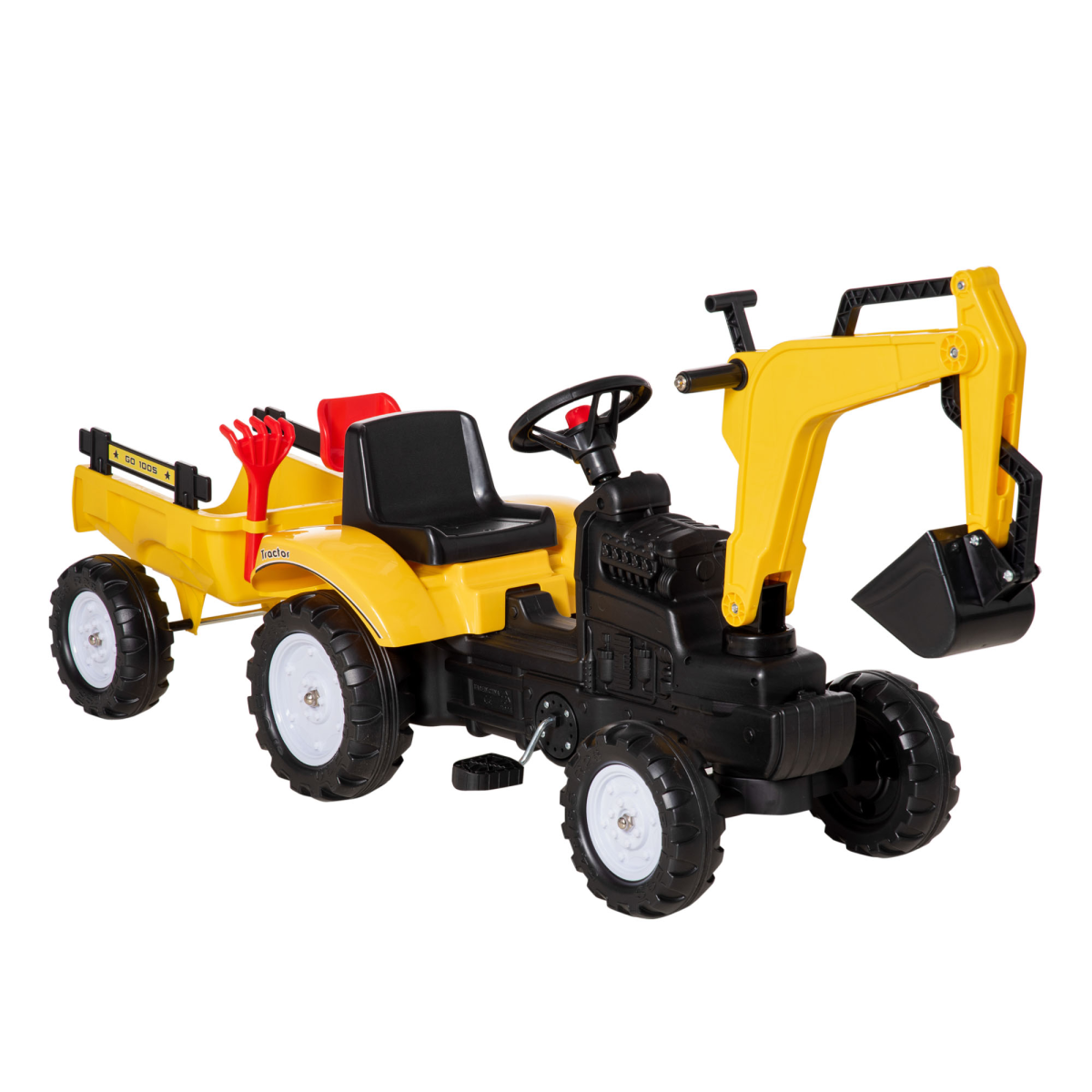 Ride-On Pedal Digger Construction Toy with Horn, Detachable Trailer and Shovel for Kids 3-6 Years