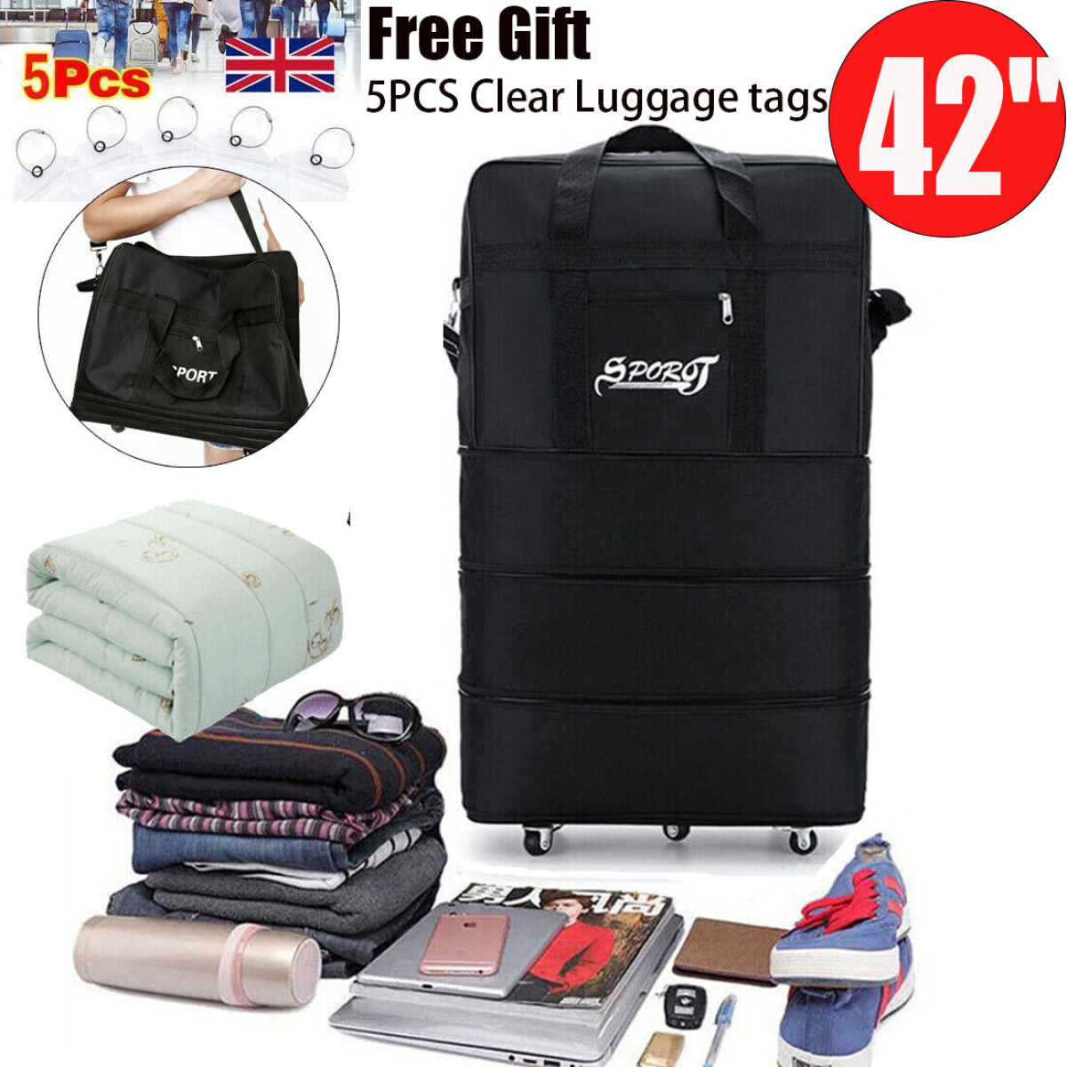 42-Inch Lightweight Expandable Luggage Trolley Suitcase with Wheels, Oxford Fabric