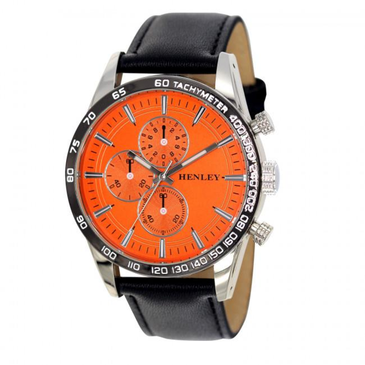 Henley Mens Polished Silver Sports Watch with Black Faux Leather Strap